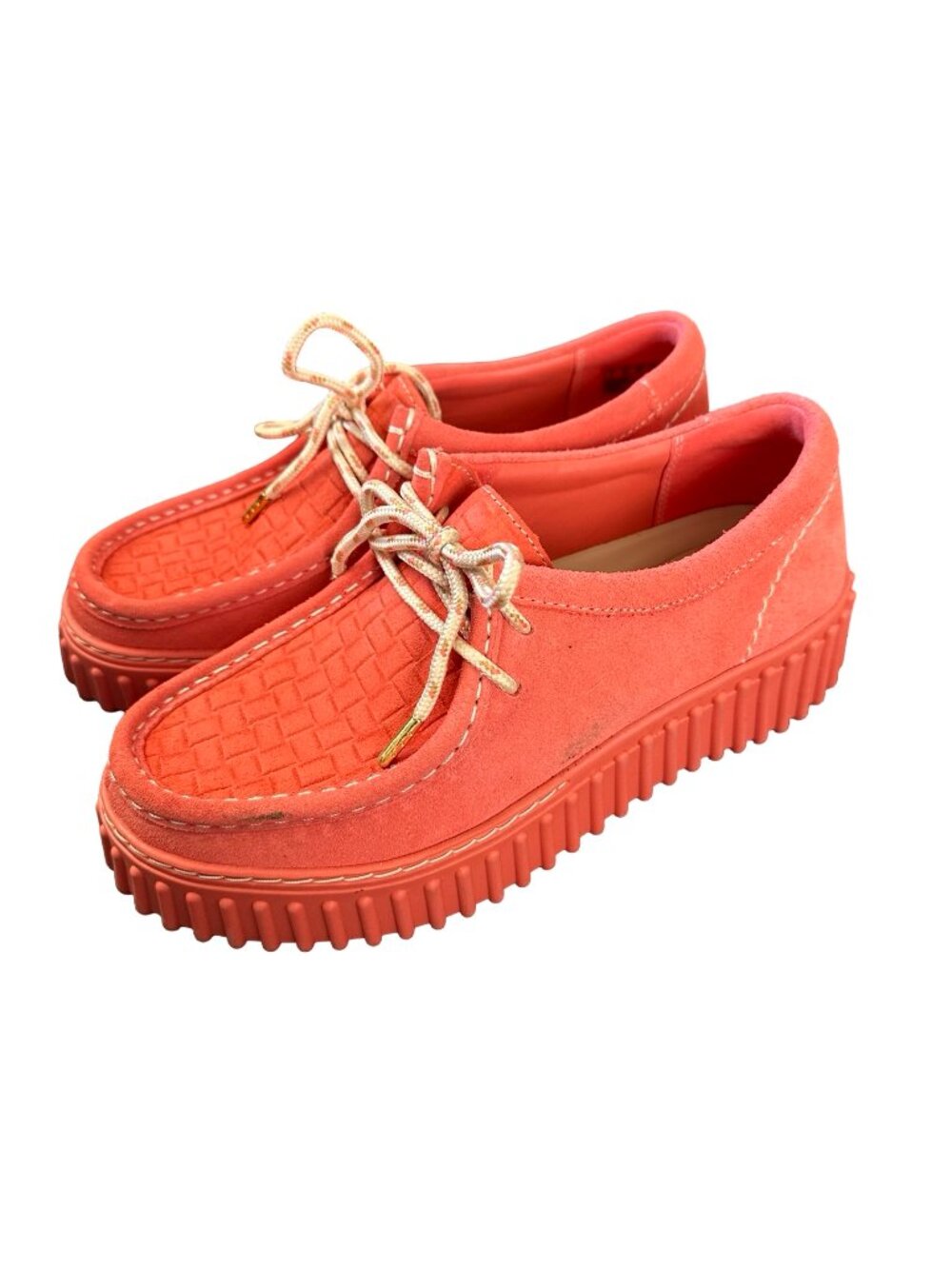 Clarks Torhill Bee Coral Pink Woven Suede Platform Loafers Moccasin Flatform 7.5